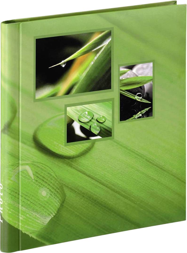 Grünes Fotobuch mit Collage aus drei Nahaufnahmen von Wassertropfen auf Blättern, symbolisierend Frische und Natur.