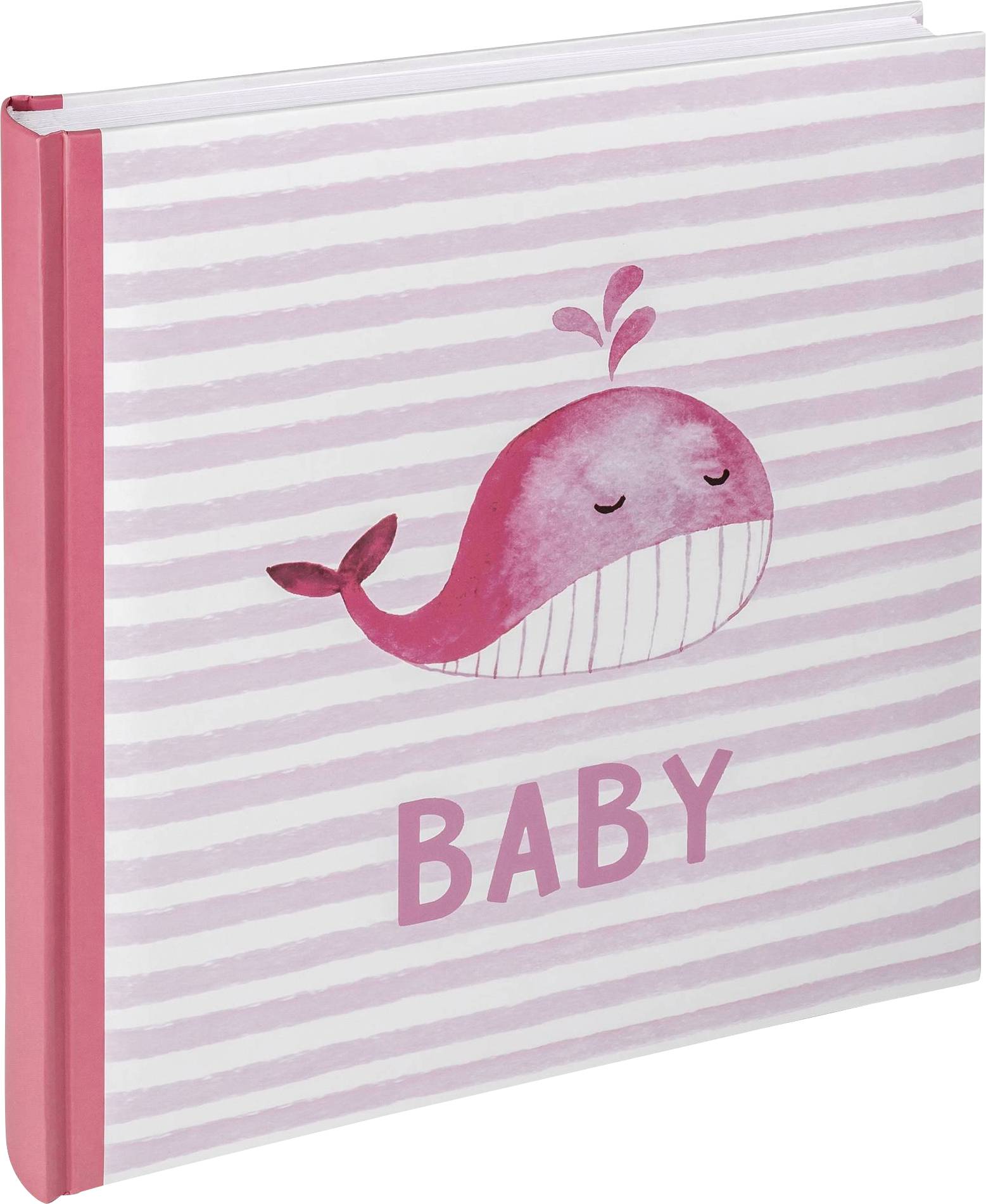 Rosa Babyalbum mit einem lächelnden Wal und dem Wort 'BABY' auf streifigem Hintergrund. Ideal für Erinnerungen.