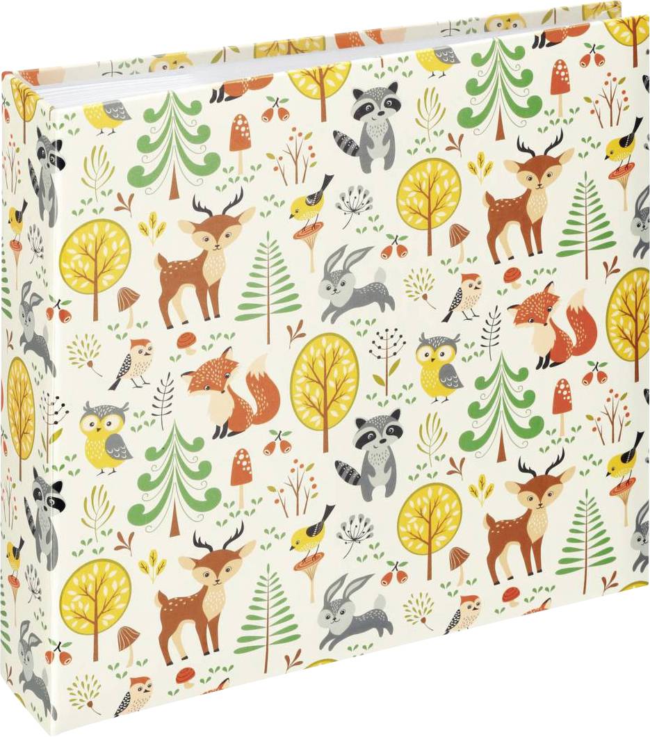 Illustration eines weißen Ordners mit bunten Waldtieren und Bäumen, darunter Rehe, Eulen, Füchse und Hasen, auf dekorativem Hintergrund.