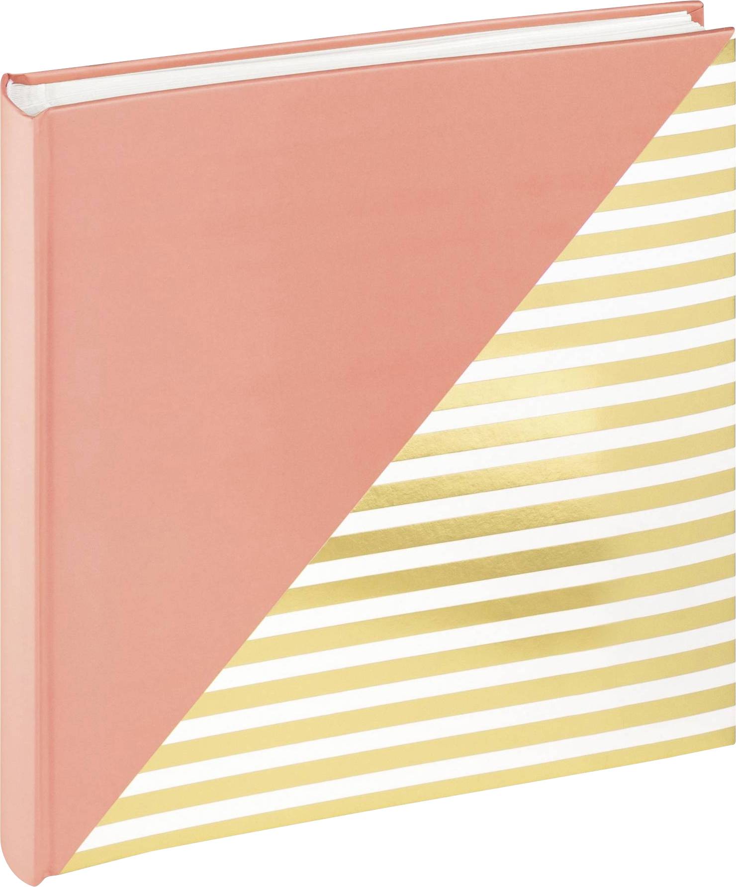 Ein rosa Notizbuch mit diagonalen gold-weißen Streifen auf dem Einband.