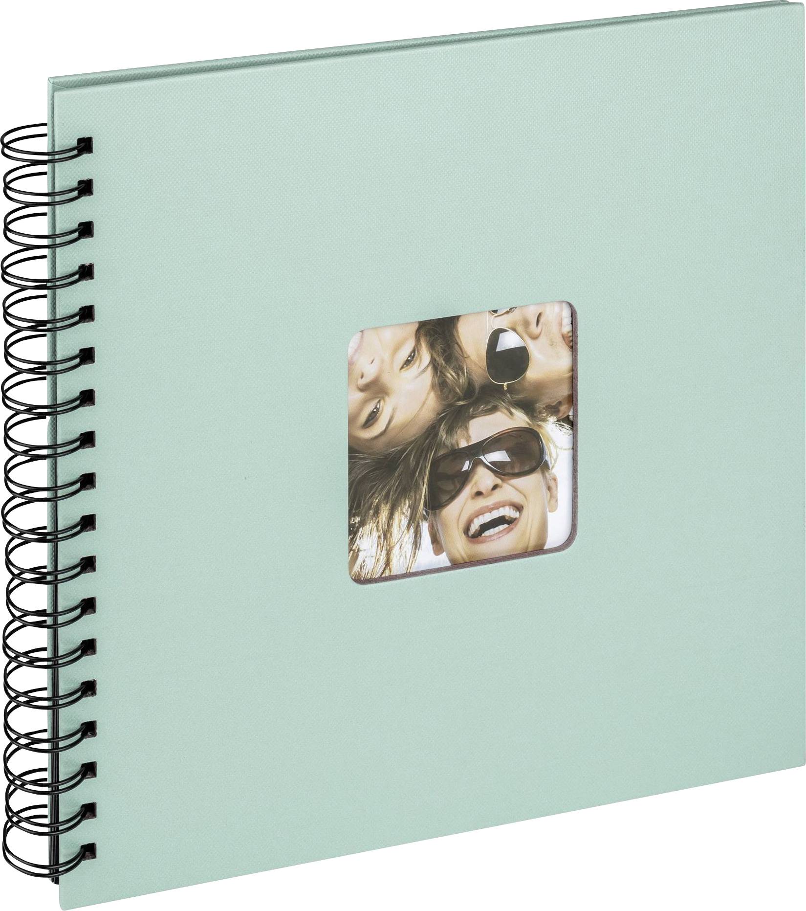 Ein türkisfarbenes Fotoalbum mit Spiralbindung. Im Fenster auf dem Cover ist ein Foto von drei lachenden Personen zu sehen.