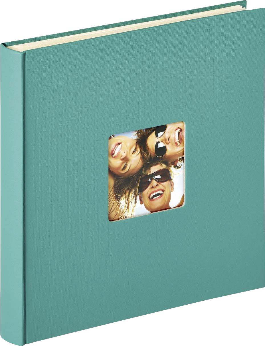 Türkises Fotoalbum mit quadratischem Bildausschnitt auf dem Cover, zeigt lachende Personen mit Sonnenbrillen.