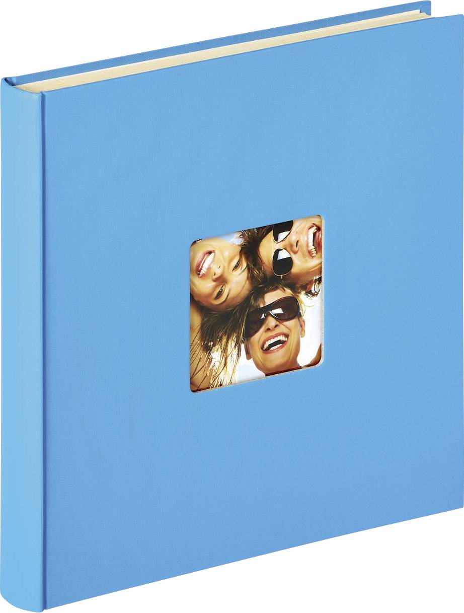 Blaues Fotoalbum mit einem Coverbild von vier lächelnden Menschen, die Sonnenbrillen tragen.