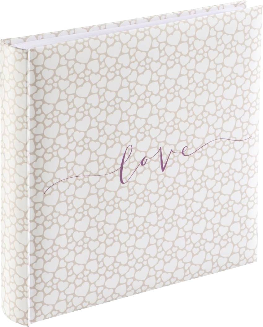 Ein Fotoalbum mit weißem Hintergrund und zahlreichen kleinen, beigen Herzmotiven. Auf der Vorderseite steht in lila Schrift 'love'.