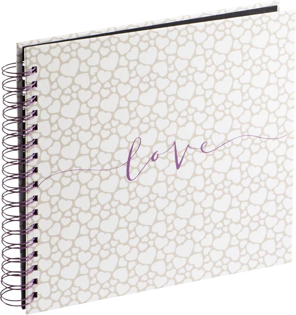 Quadratisches Notizbuch mit Spiralbindung, weißem Hintergrund und goldenem Herzmuster. Das Wort 'love' ist in lila Schrift geschrieben.