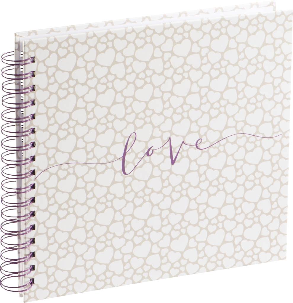 Ein Spiralalbum mit weißen Herzmustern und dem Wort 'love' in lila Schrift auf dem Cover.