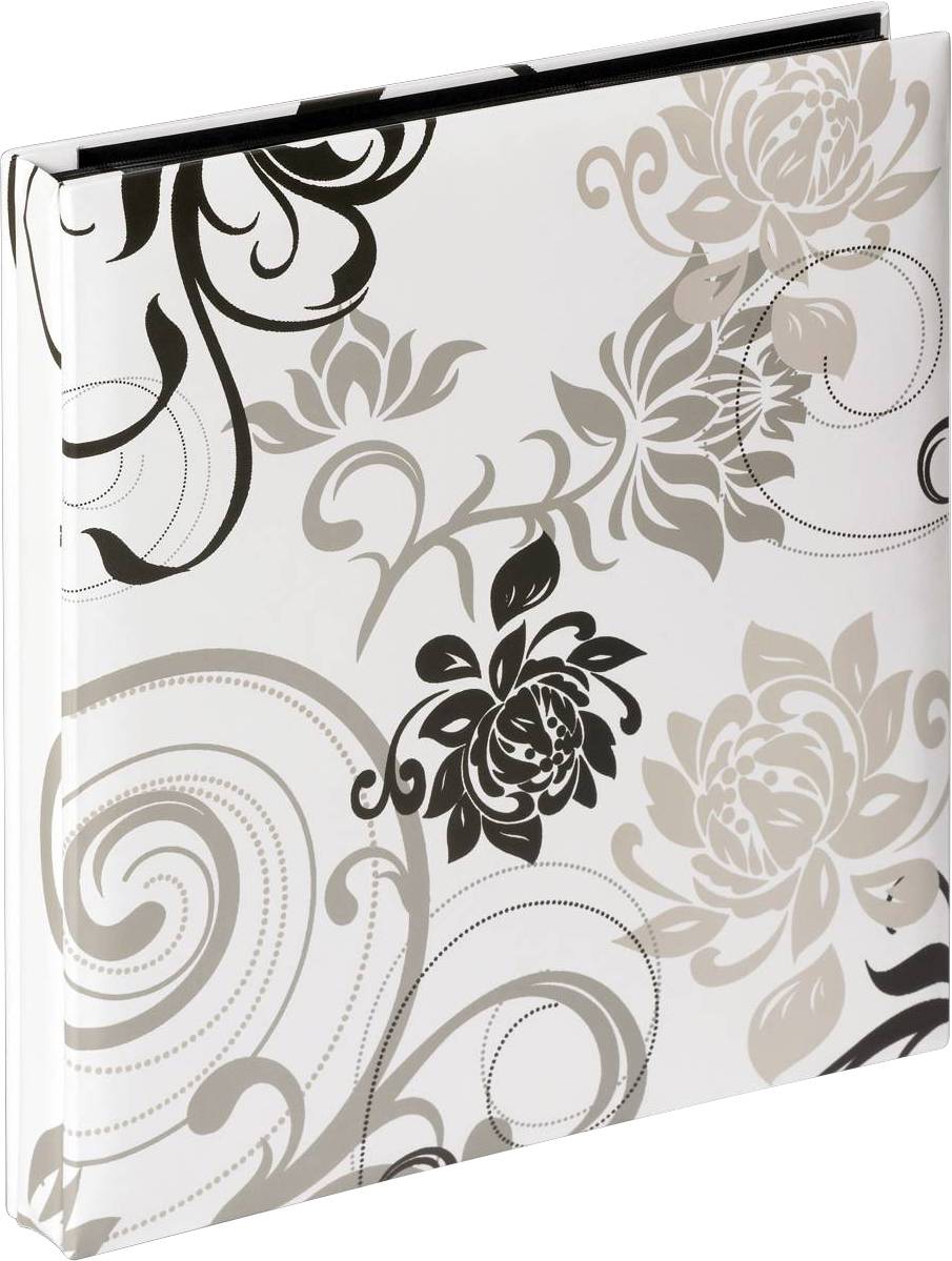 Ein dekoratives Notizbuch mit floralen Mustern in Schwarz, Grau und Beige auf weißem Hintergrund. Elegant gestaltet.