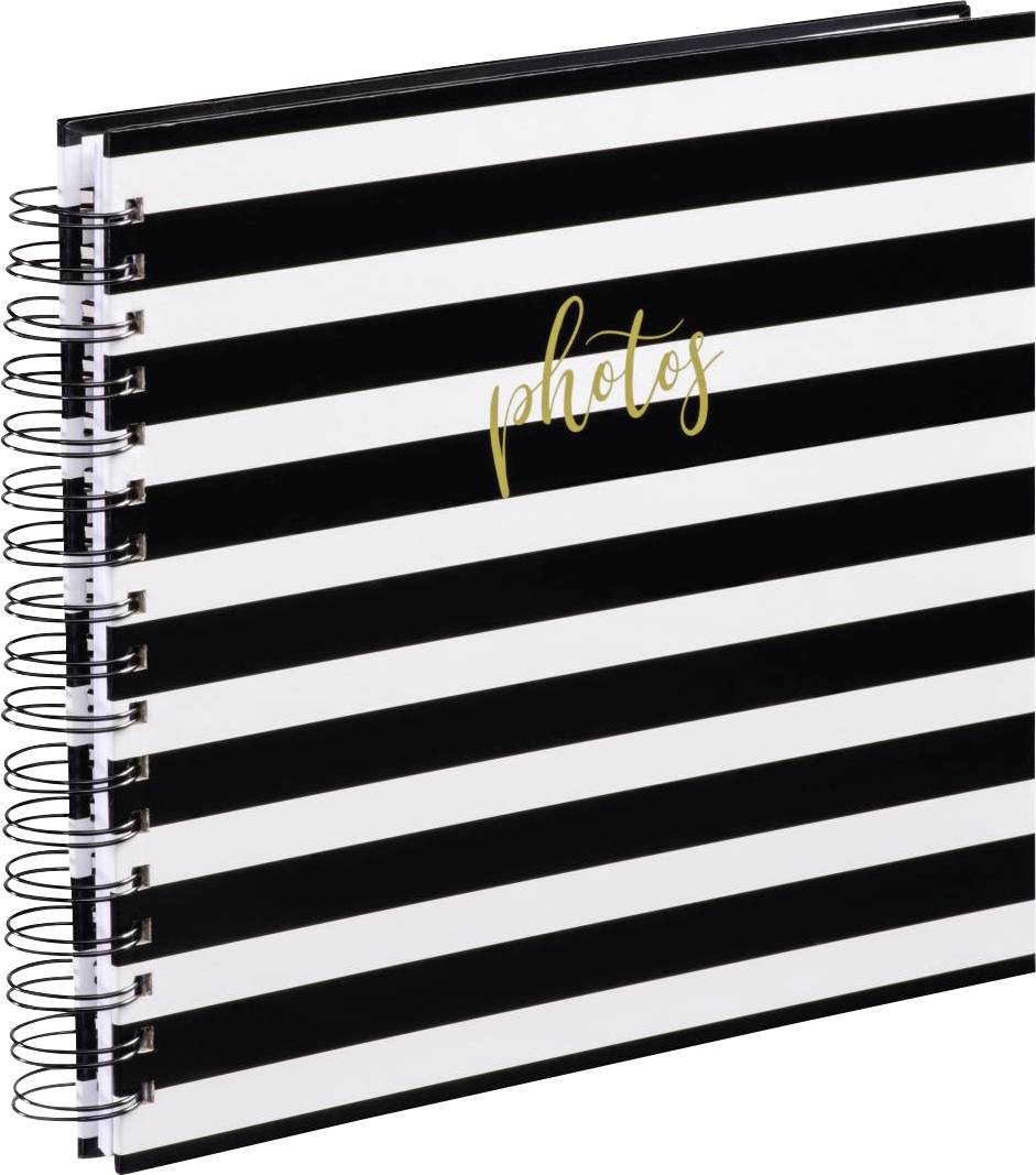Schwarz-weiß gestreiftes Album mit Spiralbindung und dem Wort 'photos' in goldener Schrift auf dem Cover.