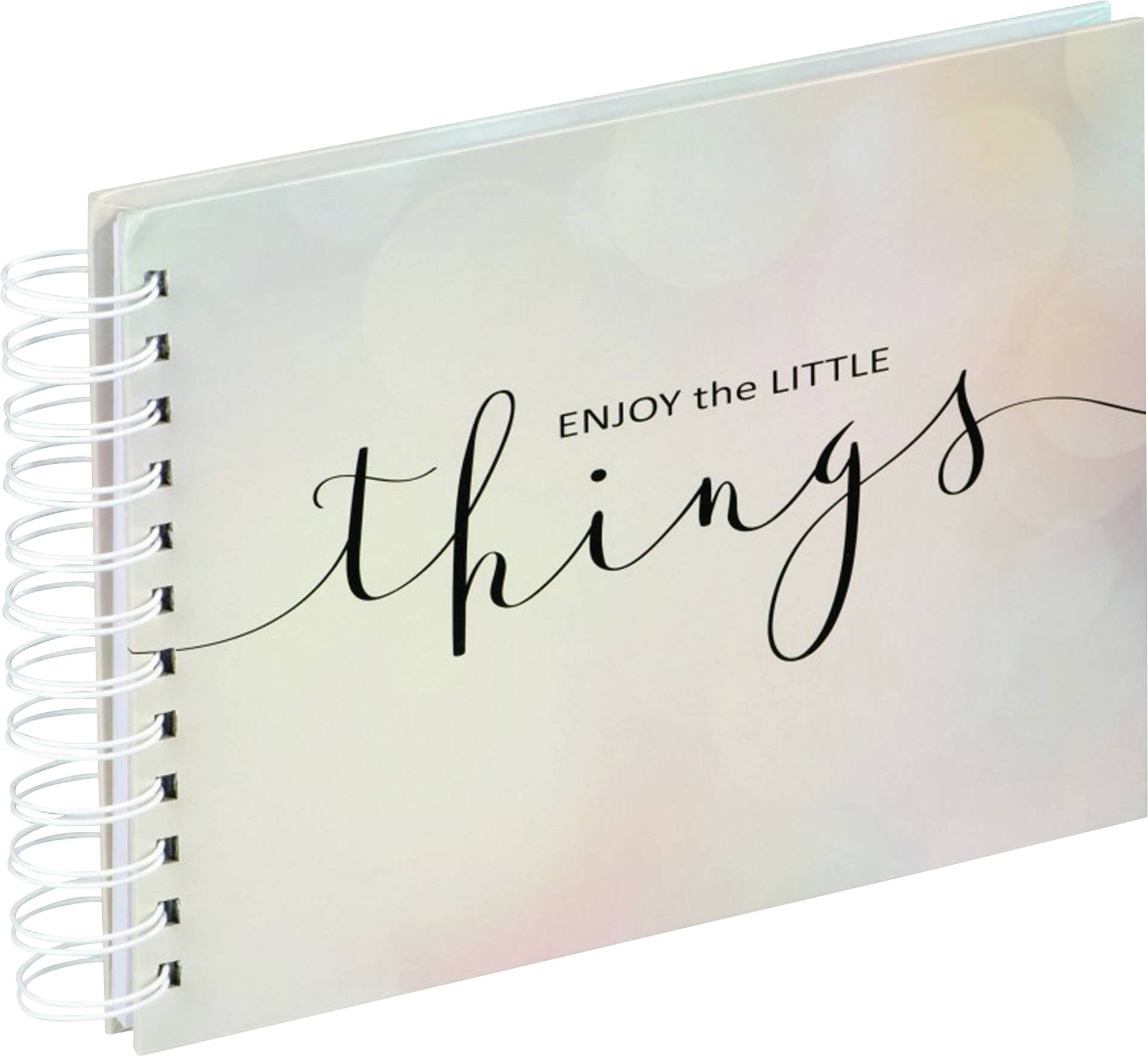 Spiralgebundenes Notizbuch mit dem Titel 'ENJOY the LITTLE things' auf dem Cover, in sanften Pastellfarben gestaltet.