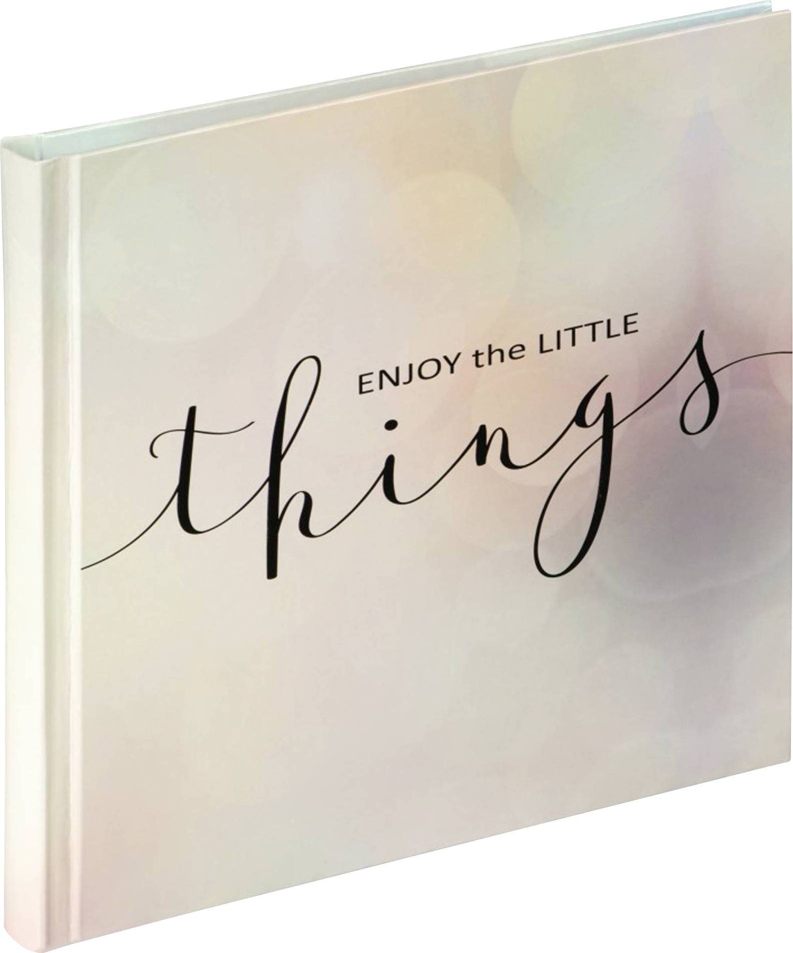 Buchumschlag mit dem Zitat 'Enjoy the little things' in stilvoller Schrift auf einem verschwommenen, pastellfarbenen Hintergrund.