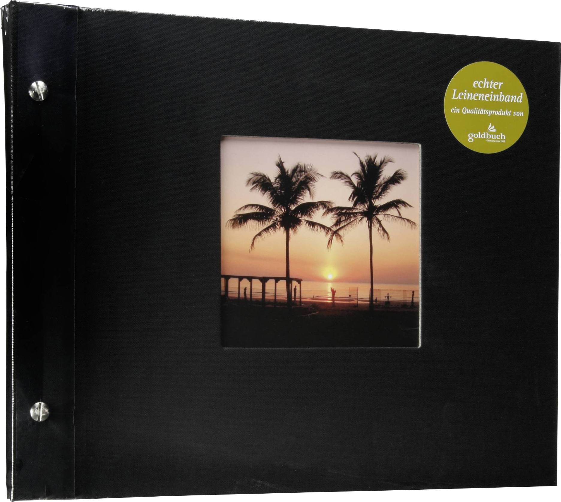 Schwarzes Fotoalbum mit einem Fenster, das ein Bild von Palmen und Sonnenuntergang zeigt. Es trägt das Label 'echter Leineneinband'.