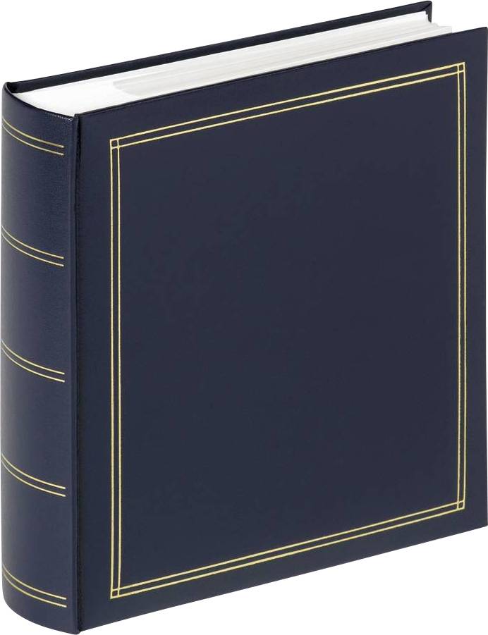 Dunkelblaues Fotoalbum mit zierlichen goldenen Streifen auf dem Cover, geeignet zur Aufbewahrung von Fotos oder Erinnerungsstücken.