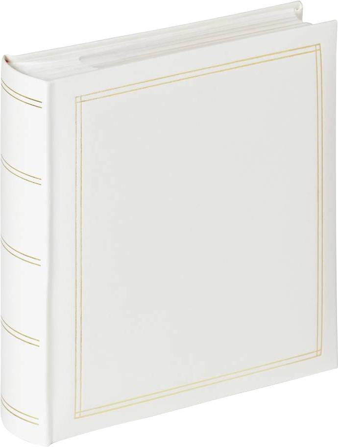 Ein weißes, quadratisches Fotoalbum mit goldenen Linien auf dem Cover. Ideal zum Aufbewahren und Präsentieren von Fotos.