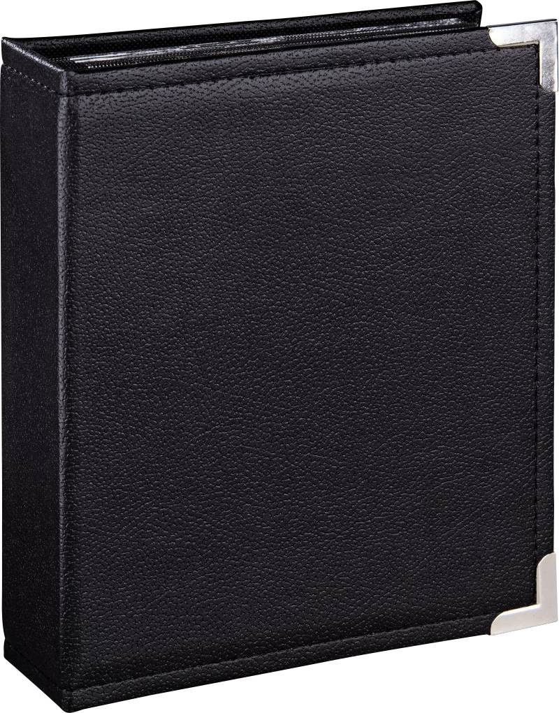 Schwarzes Leder-Fotoalbum mit Metallkanten; geschlossenes Design, für Aufbewahrung von Fotos oder Erinnerungen gedacht.