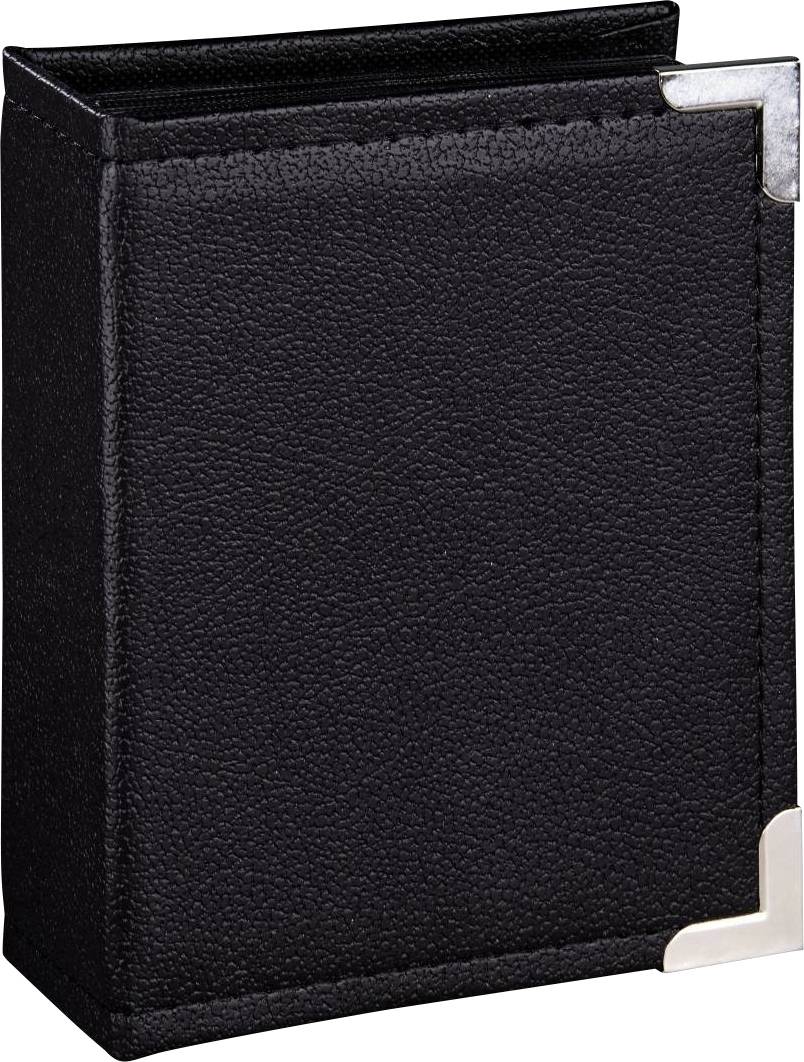 Ein schwarzes, rechteckiges Etui mit metallischer Ecke, vermutlich zur Aufbewahrung kleiner Gegenstände wie Karten oder Visitenkarten.