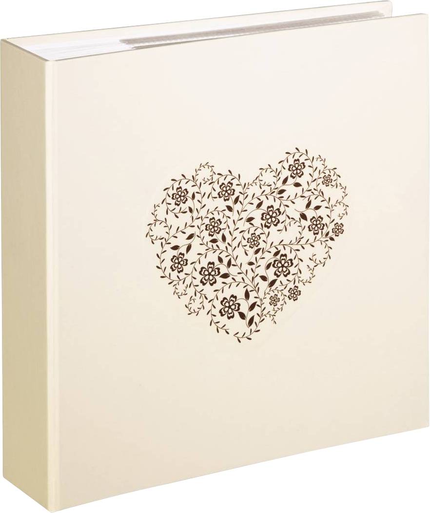 Ein cremefarbenes Fotoalbum mit einem floralen Herzdesign auf dem Cover.