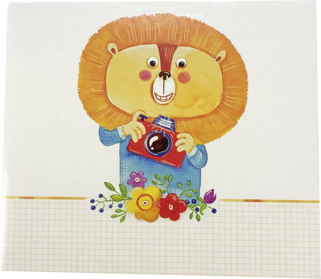 Ein gezeichneter Löwe hält eine rote Kamera in den Händen. Darunter befinden sich bunte Blumen auf einem karierten Hintergrund.