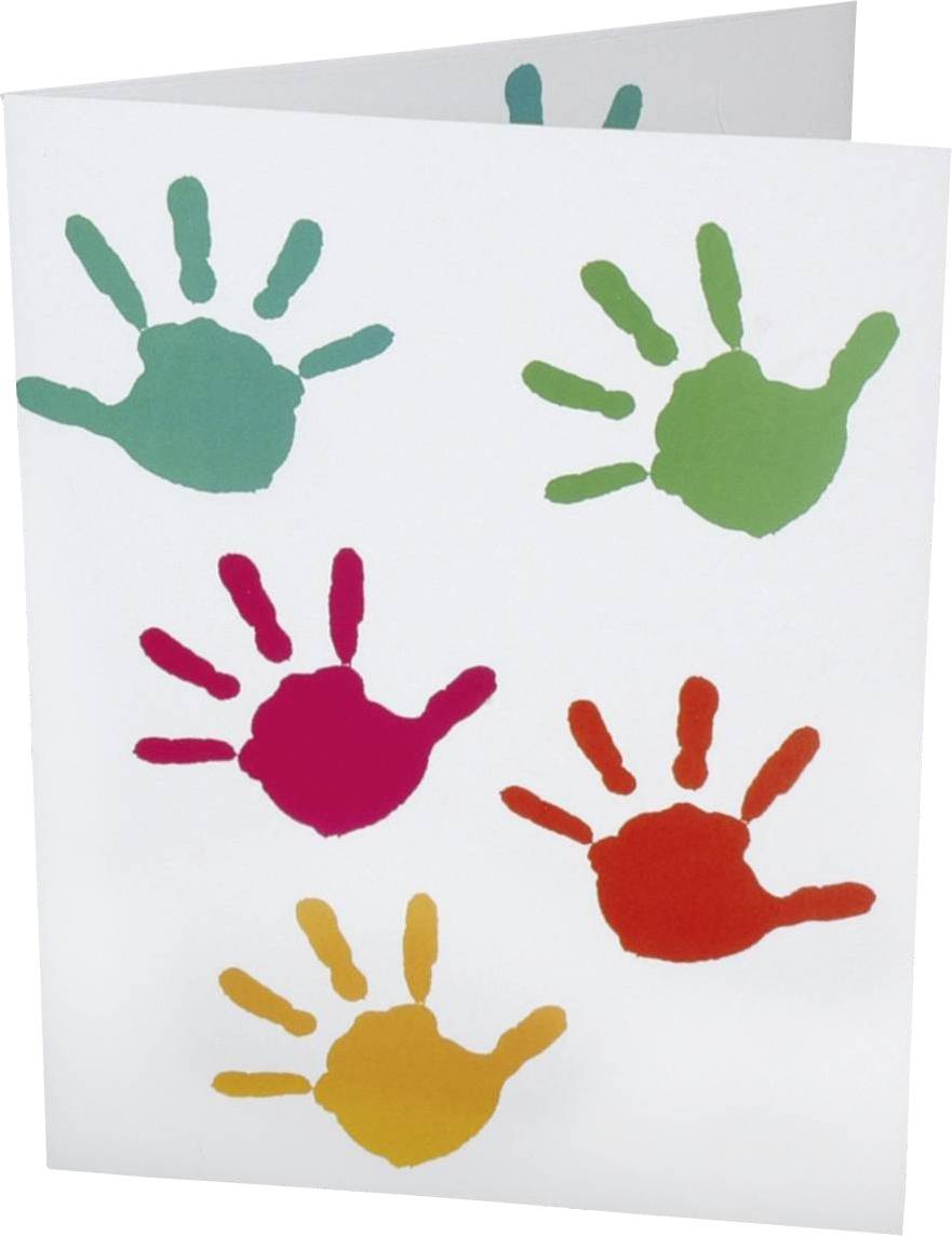 Karte mit bunten Handabdrücken in Grün, Pink, Rot und Gelb auf weißem Hintergrund.