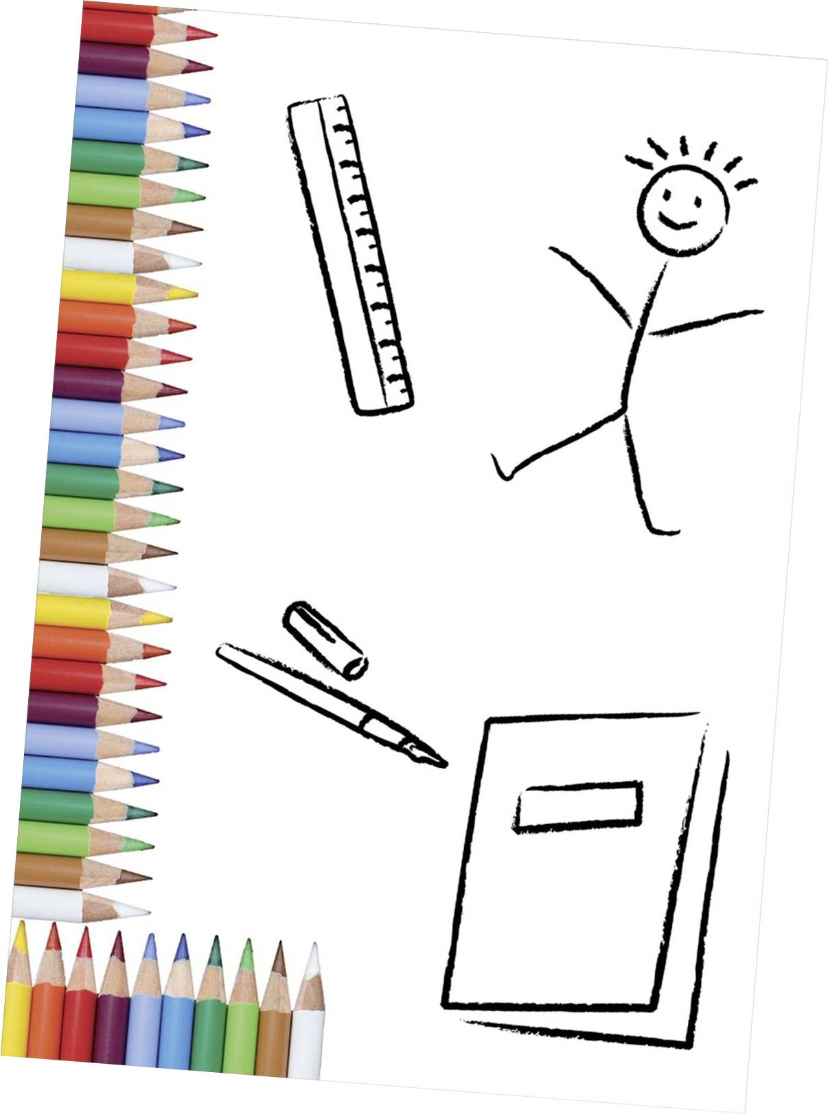 Bunte Stifte links; schwarze Skizzen von Lineal, Stift, Mensch und Notizbuch auf weißem Hintergrund.