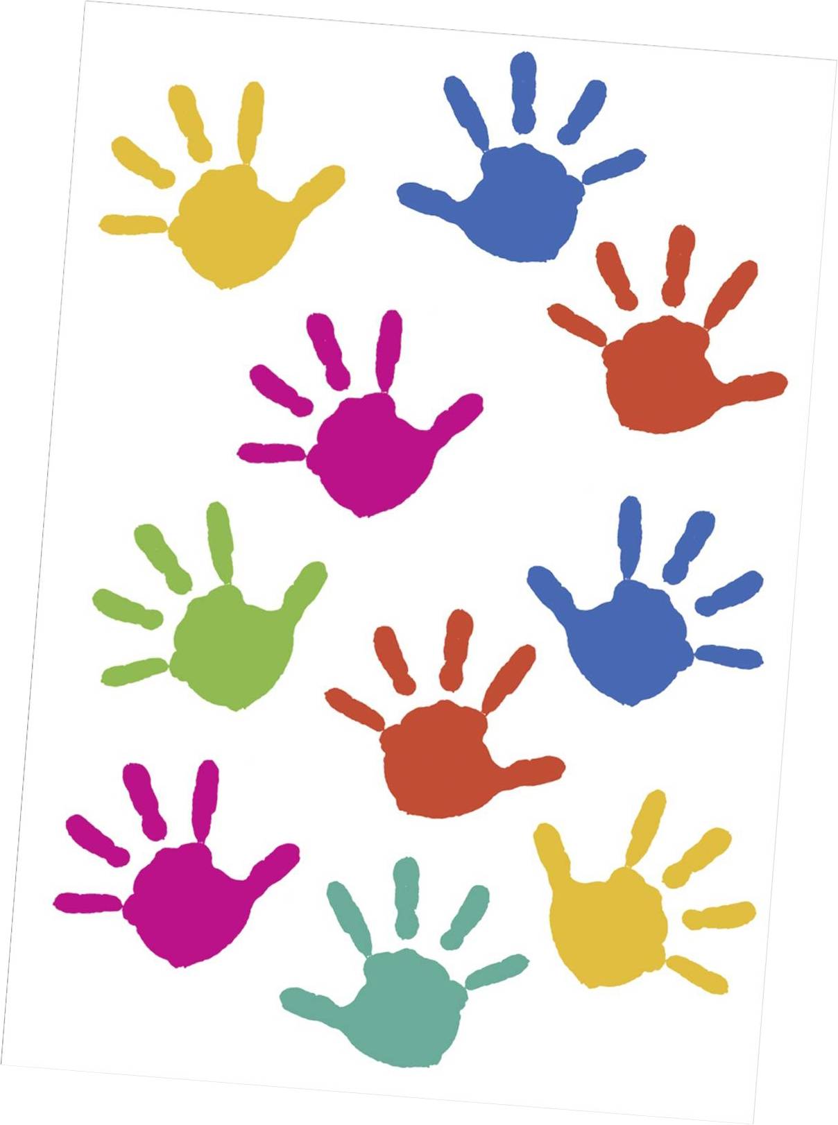 Bunte Handabdrücke in verschiedenen Farben, die gleichmäßig auf einem weißen Hintergrund verteilt sind.