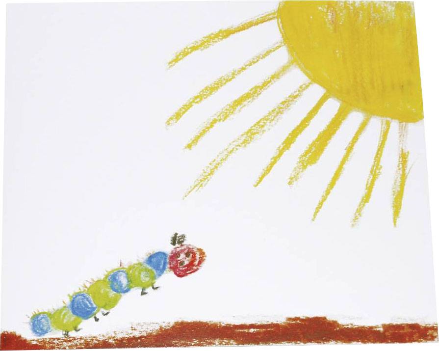Ein von einem Kind gemaltes Bild zeigt eine bunte Raupe auf dem Boden unter einer großen gelben Sonne mit Strahlen am Himmel.