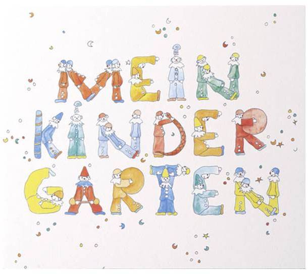 Bunte Buchstaben formen die Wörter 'Mein Kindergarten', gestaltet als fröhliche Figuren.