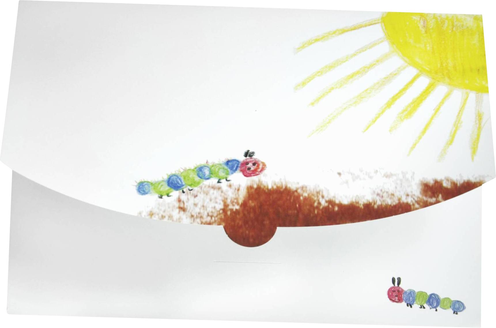 Kunstvolle Zeichnung auf einem Umschlag: Eine Raupe mit blauen Segmenten und einem roten Kopf kriecht unter einer gelben Sonne.