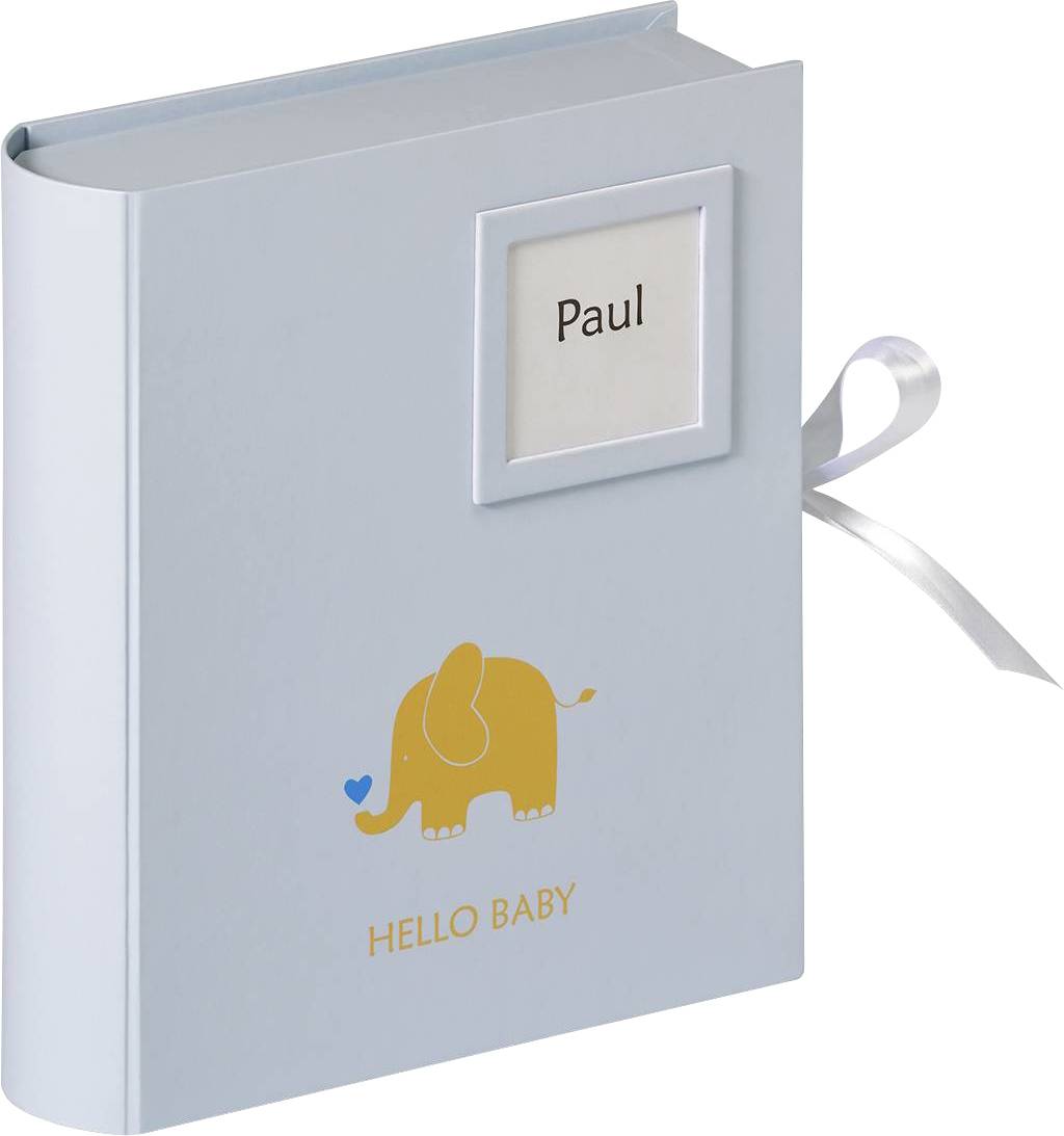 Ein hellblaues Fotoalbum mit Schleife und einem gelben Elefanten. Oben ein Rahmen mit dem Namen 'Paul'. Darunter der Text 'HELLO BABY'.