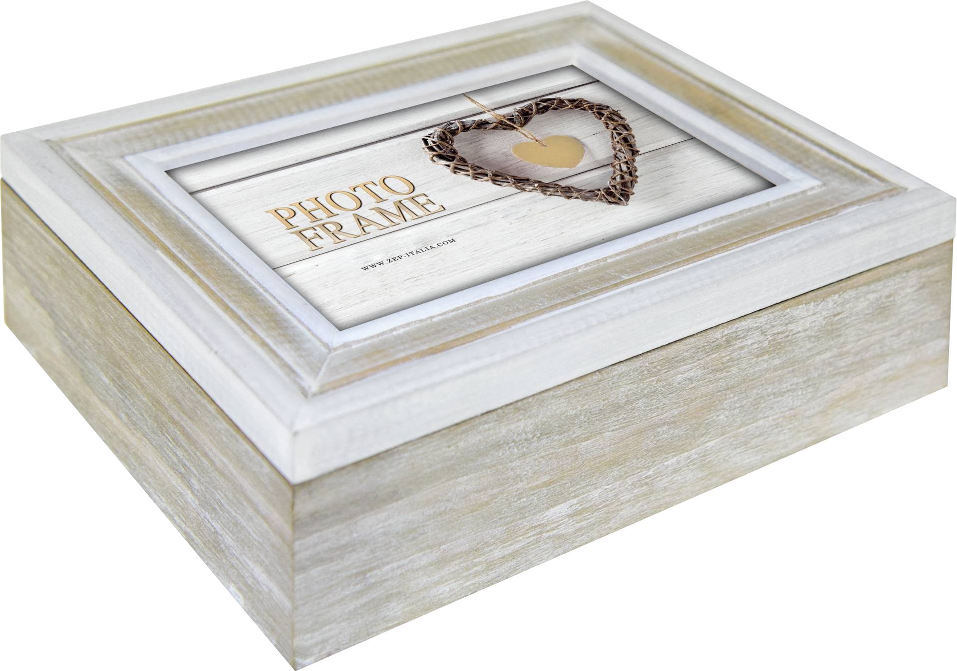 Holzrahmen-Herz mit Fotoaufdruck. Rahmen auf quadratischer Holzkiste montiert, beige und weiß getönt.