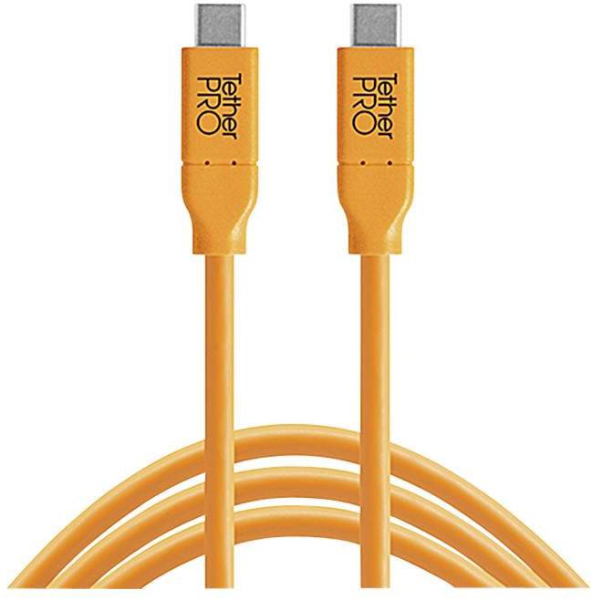 Zwei orangefarbene USB-C-Kabel mit der Aufschrift 'TetherPRO', die nebeneinander liegen und nach oben zeigen.