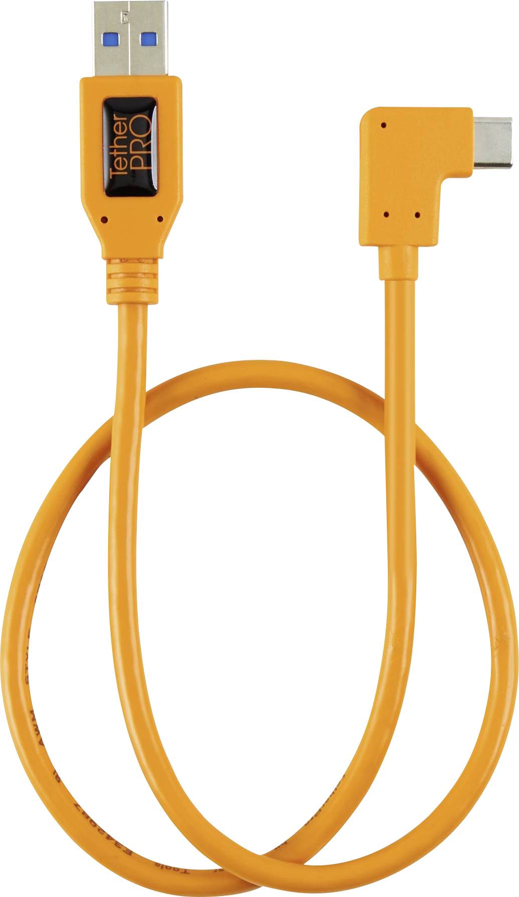 Orangefarbenes USB-Kabel mit USB-A- und USB-C-Steckern, geeignet zum Verbinden von Geräten wie Smartphones oder Computern.