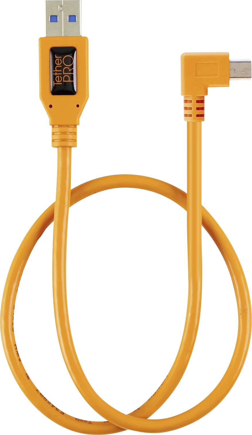 Orangefarbenes USB-Kabel mit Standard- und abgewinkeltem Micro-USB-Anschluss, geeignet für Datenübertragung und Laden.