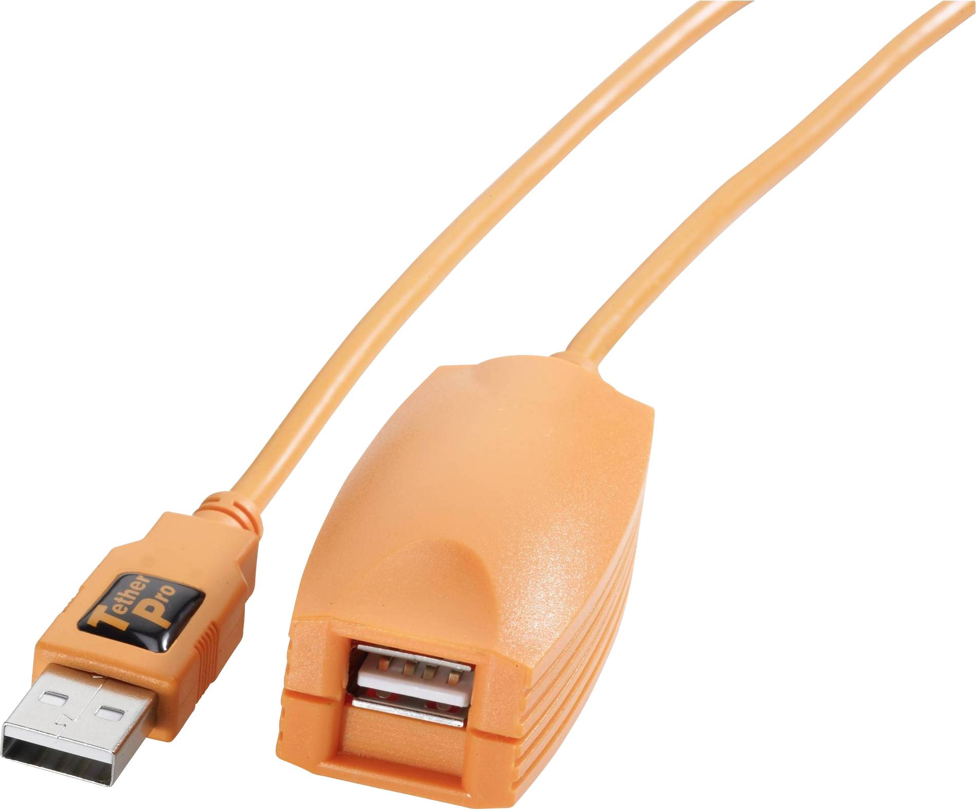 Ein orangefarbenes USB-Verlängerungskabel mit beidseitigen Anschlüssen. Der Stecker trägt die Aufschrift 'Tether Pro'.