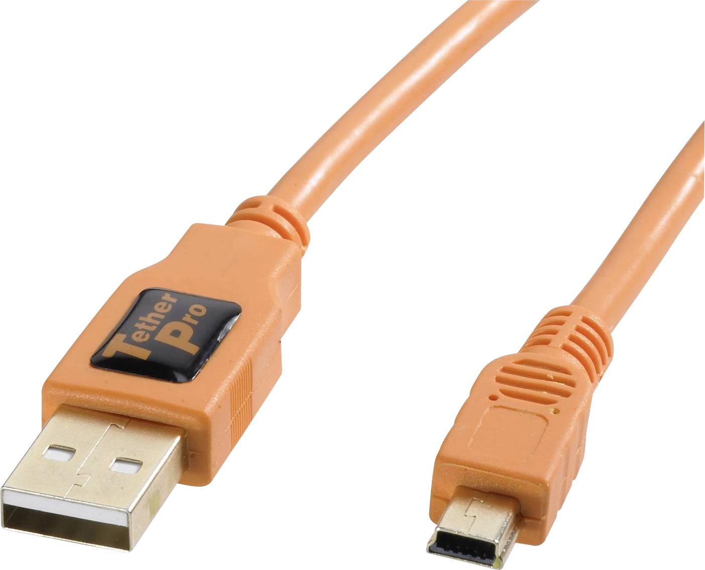 Ein orangefarbenes USB-Kabel mit einem Standard-USB-Anschluss auf der einen Seite und einem Mini-USB-Anschluss auf der anderen Seite.