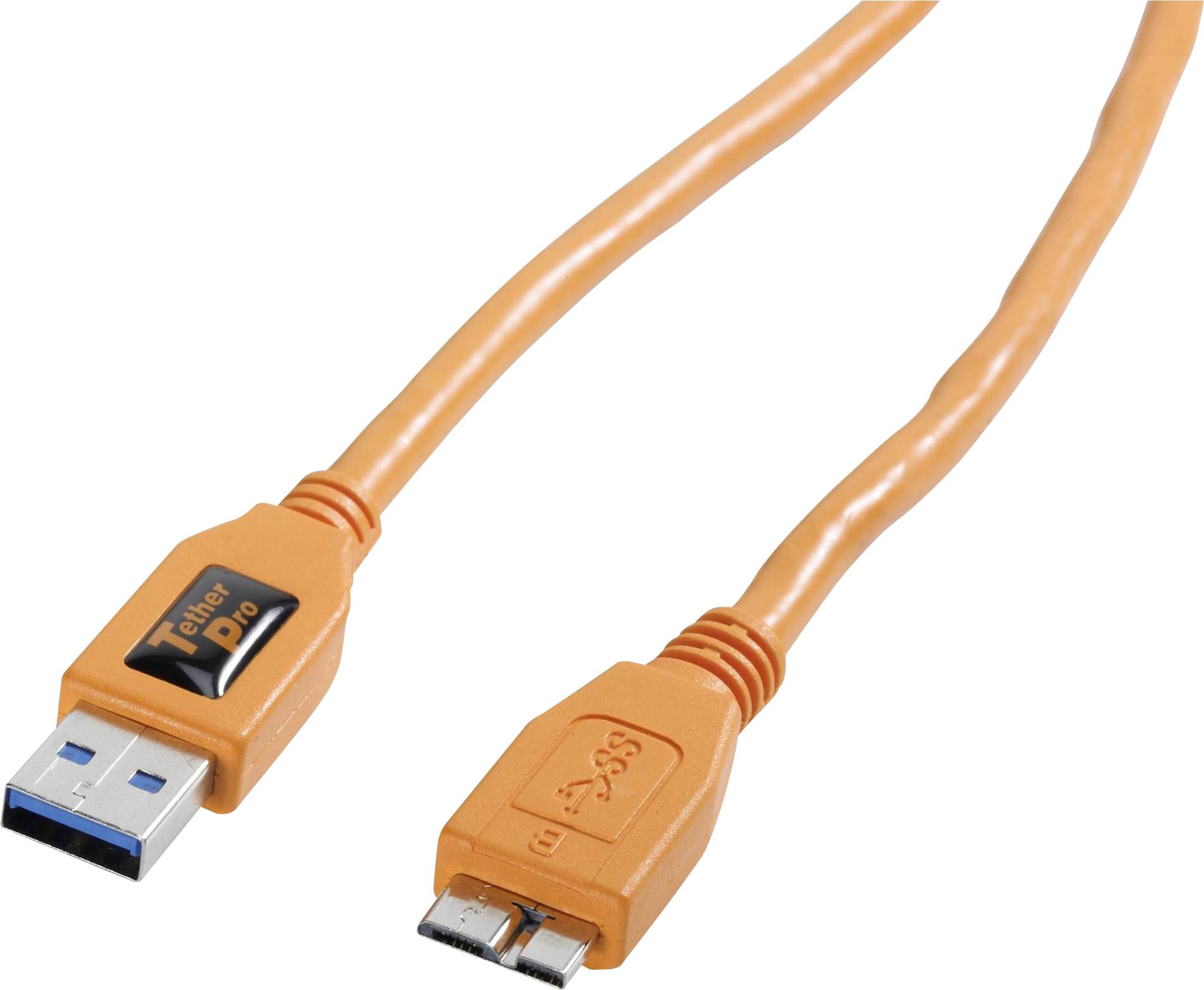 Ein orangefarbenes USB 3.0-Kabel mit einem Standard-USB-Stecker an einem Ende und einem Mikro-USB-Stecker am anderen Ende.