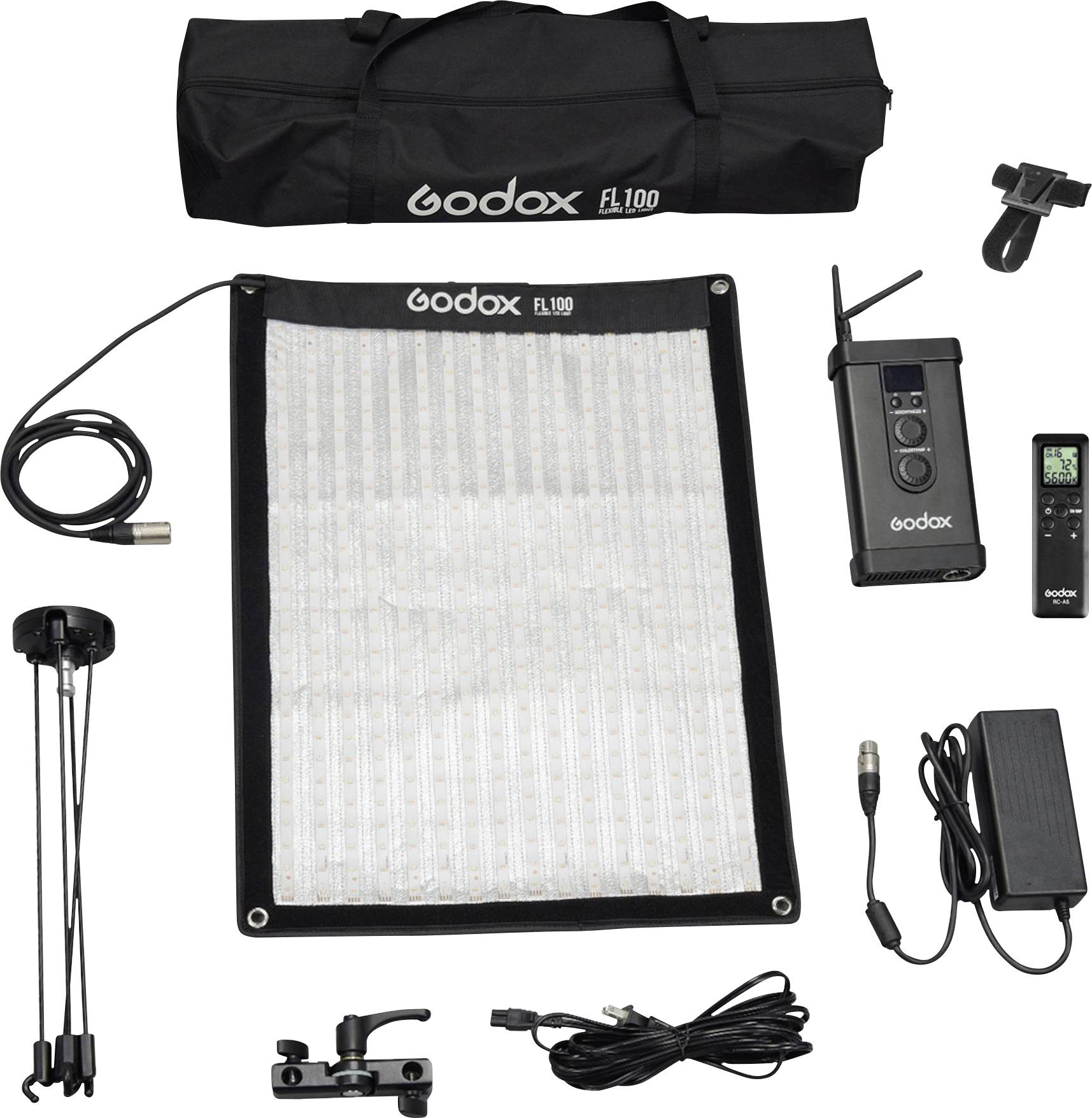 Tragbares flexibles Lichtkit mit Tasche, LED-Matte, Lichtsteuerung, Netzteil, Fernbedienung und Befestigungszubehör.