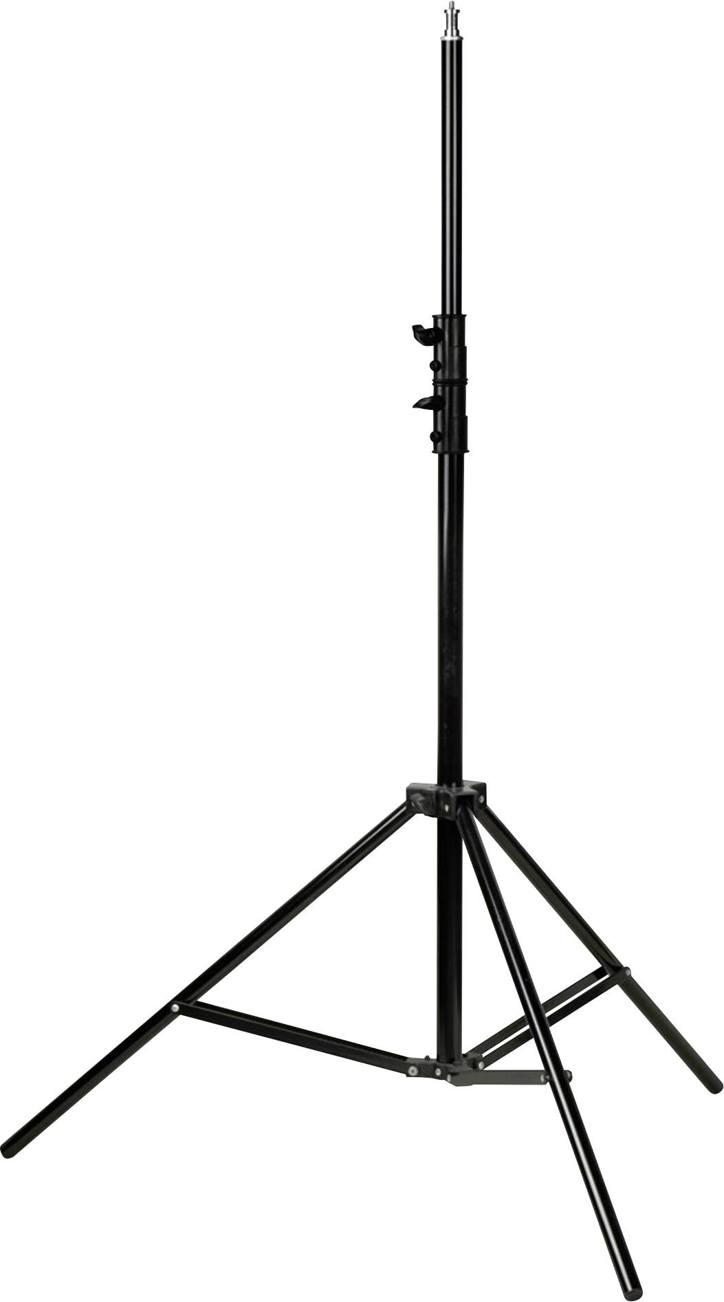 Schwarzes, höhenverstellbares Stativ mit drei Beinen, geeignet für Foto- oder Beleuchtungsequipment. Stabiler Standfuß.