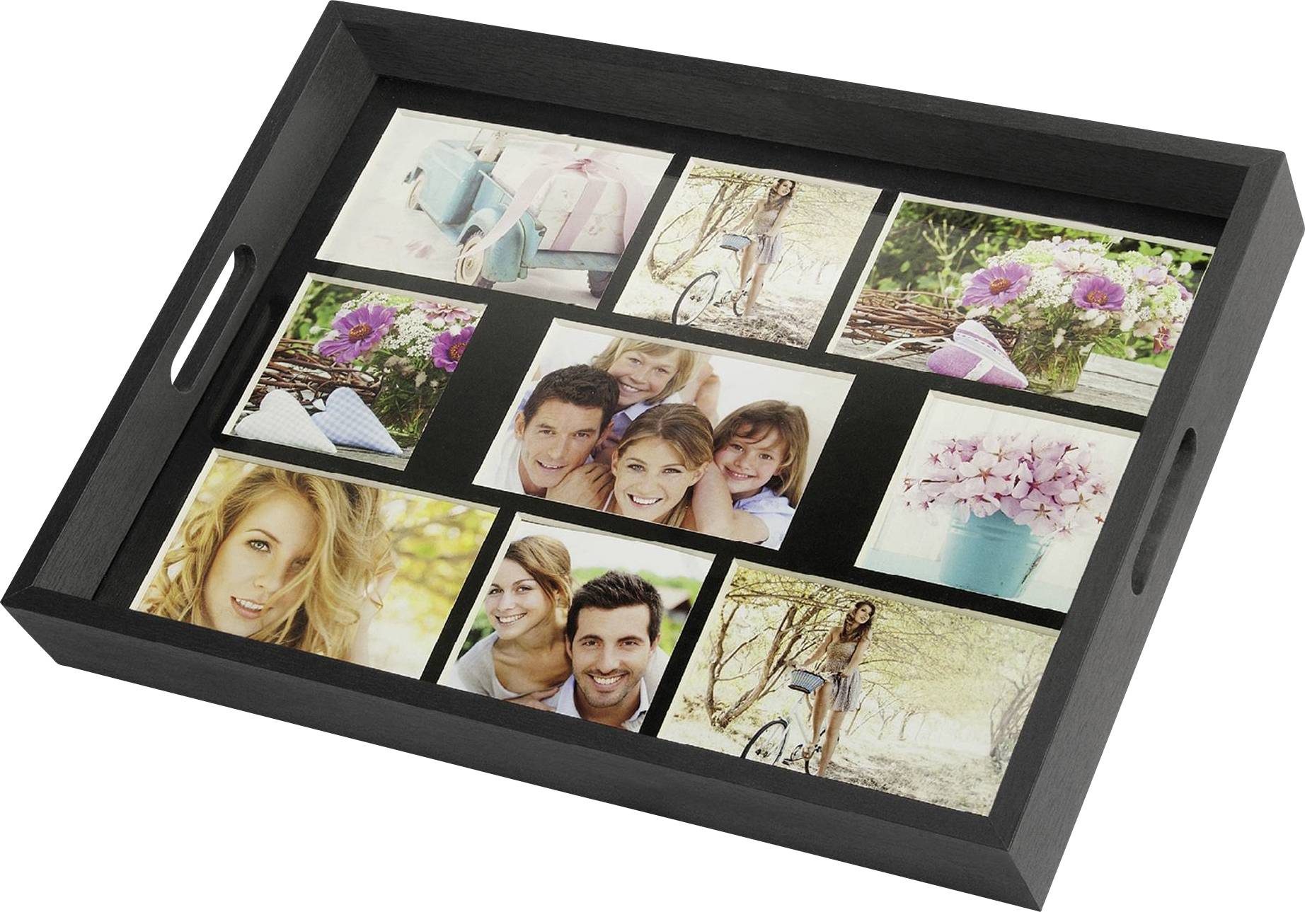 Ein schwarzes Serviertablett mit neun Fotos. Die Bilder zeigen glückliche Menschen, Blumenarrangements und Fahrräder in natürlicher Umgebung.