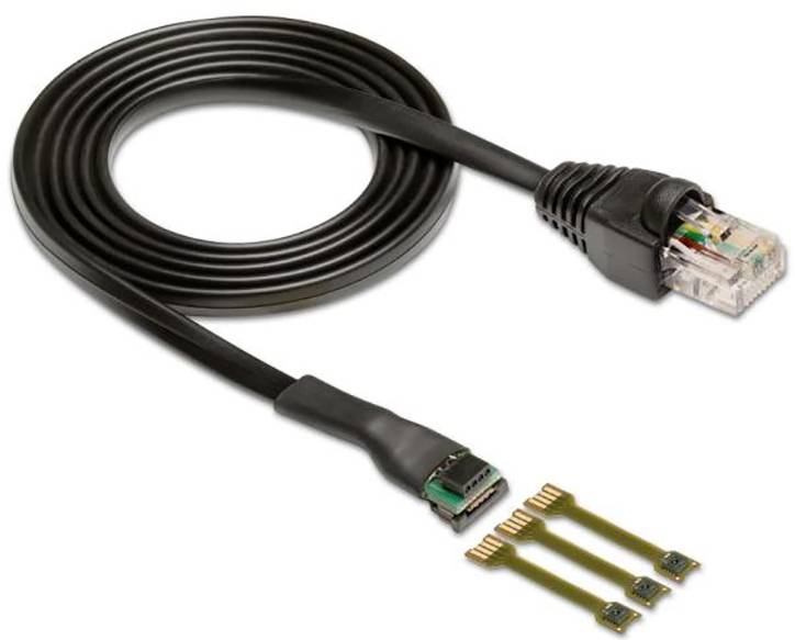Schwarzes Ethernet-Kabel mit modularen Steckverbindungen und offenen Leiter-Enden, geeignet für elektrotechnische Anwendungen.