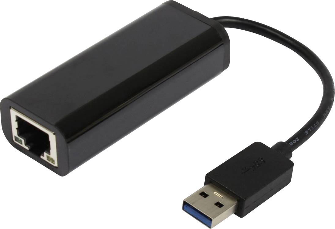 Ein schwarzer USB-zu-Ethernet-Adapter, der die Verbindung eines USB-Geräts mit einem Ethernet-Netzwerk ermöglicht.