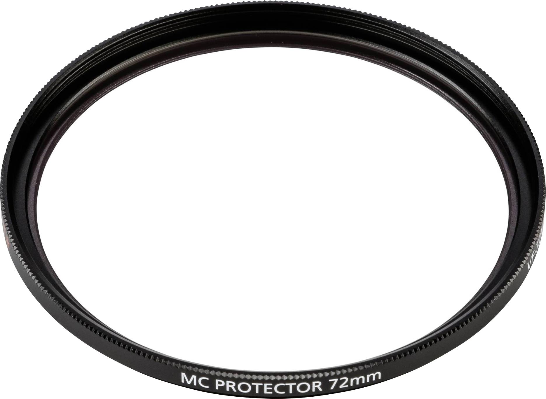 Schwarz glänzender Kameraobjektivfilter mit der Aufschrift 'MC Protector 72mm'. Dient dem Schutz des Objektivs vor Kratzern und Staub.