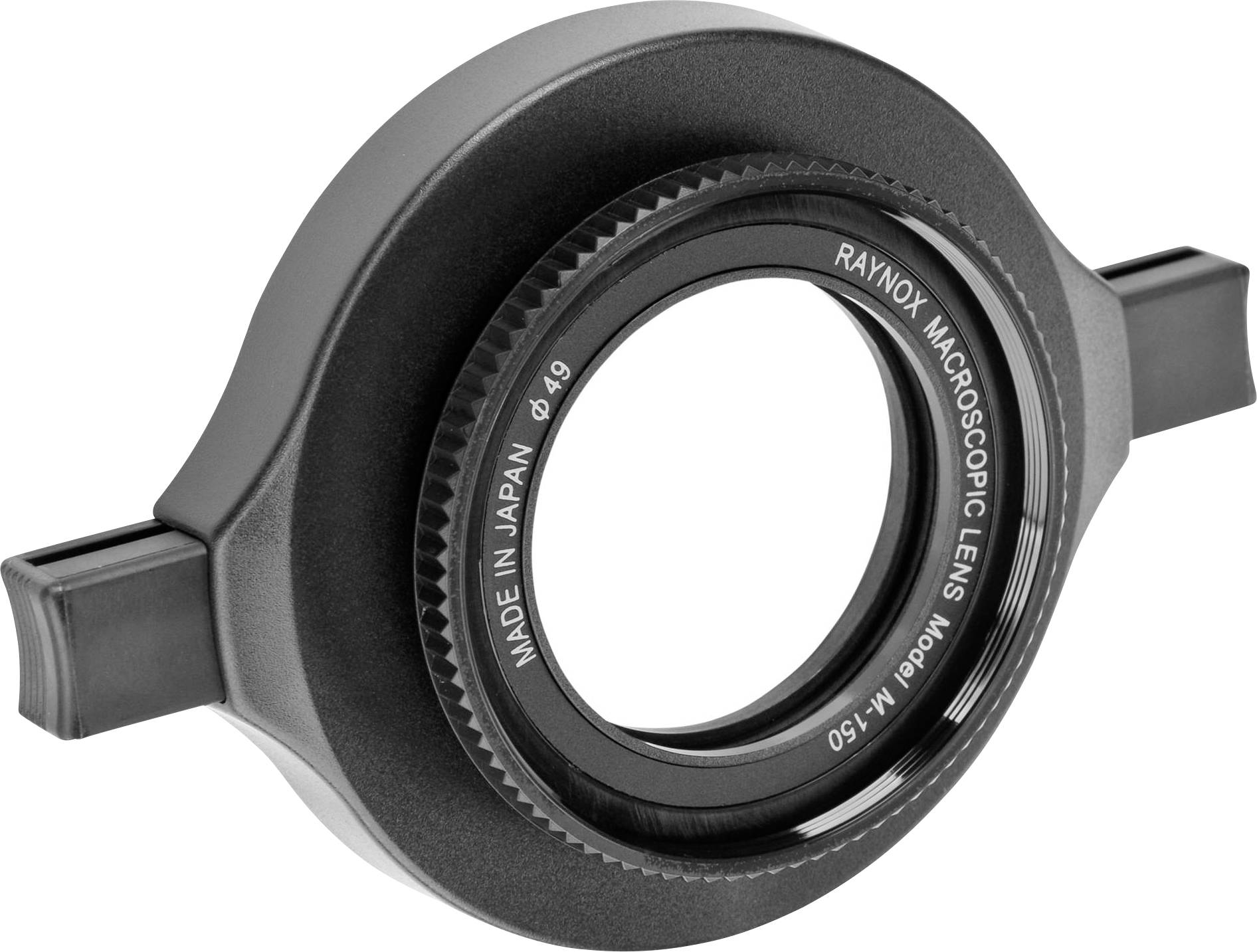 Nahaufnahme eines Raynox Makroskop-Objektivs Modell M-150, hergestellt in Japan. Das Objektiv hat eine schwarze, runde Fassung.