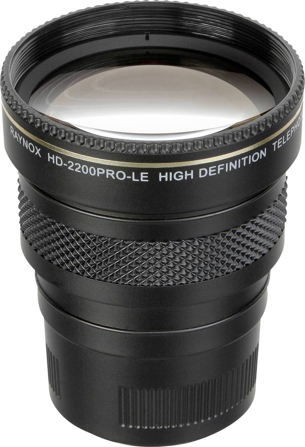 Schwarzes Teleobjektiv mit der Aufschrift 'RAYNOX HD-2200PRO-LE HIGH DEFINITION TELEPHOTO', geeignet für Kameras zur Vergrößerung von Motiven.