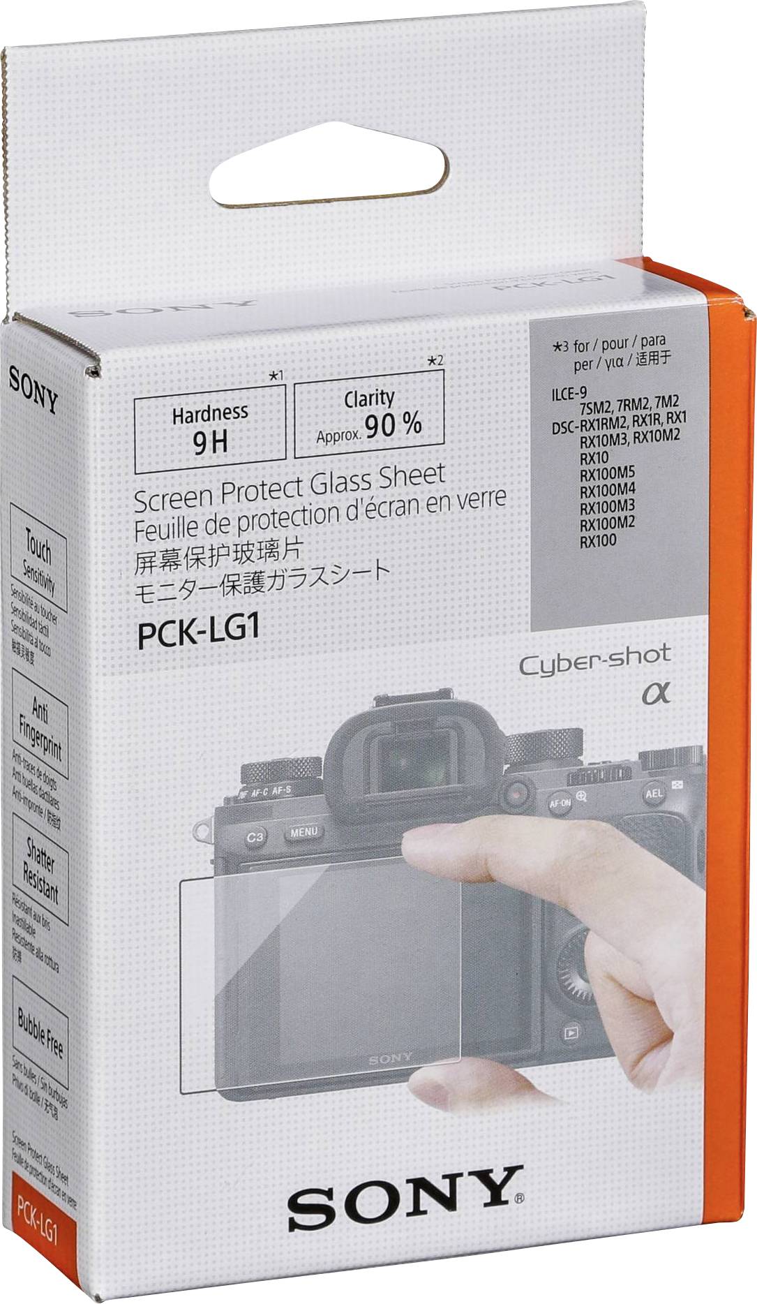Verpackung mit Sony Schutzglas für Kamera, Härte 9H, Klarheit 90%. Abgebildetes Kameramodell auf der Verpackungsvorderseite.
