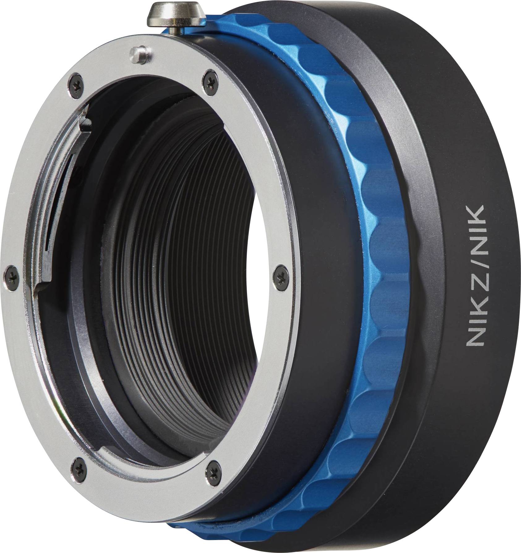 Adapterring im detailreichen Design, hauptsächlich schwarz mit blauen Akzenten. Eignet sich zum Verbinden verschiedener Kamerakomponenten.