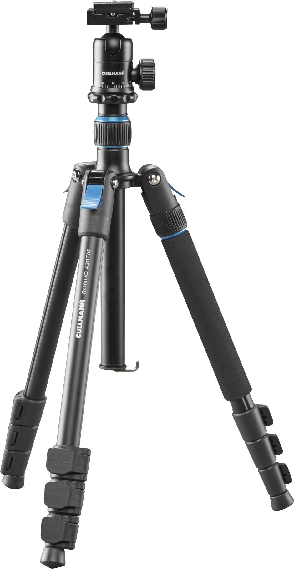 Ein schwarzes Stativ mit blauen Akzenten und verstellbaren Beinen. Es hat einen Kugelkopf für Kameras. Ideal für stabile Aufnahmen.