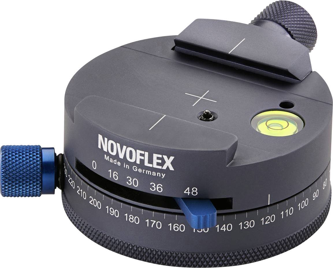 Kameraplatte mit Skala und Libelle, hergestellt in Deutschland von Novoflex. Verwendet für präzise Kameraausrichtung und Panoramaaufnahmen.