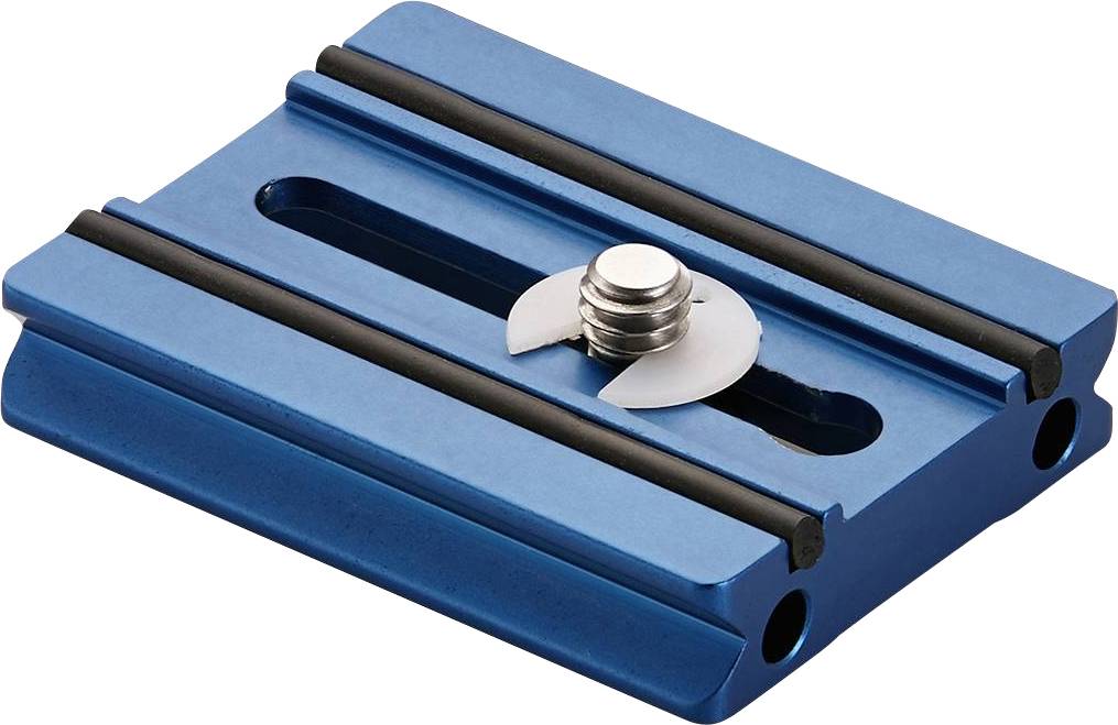 Ein blauer Kamera-Schnellwechseladapter mit einer Befestigungsschraube in der Mitte, verwendet zur Befestigung von Kameras an Stativköpfen.