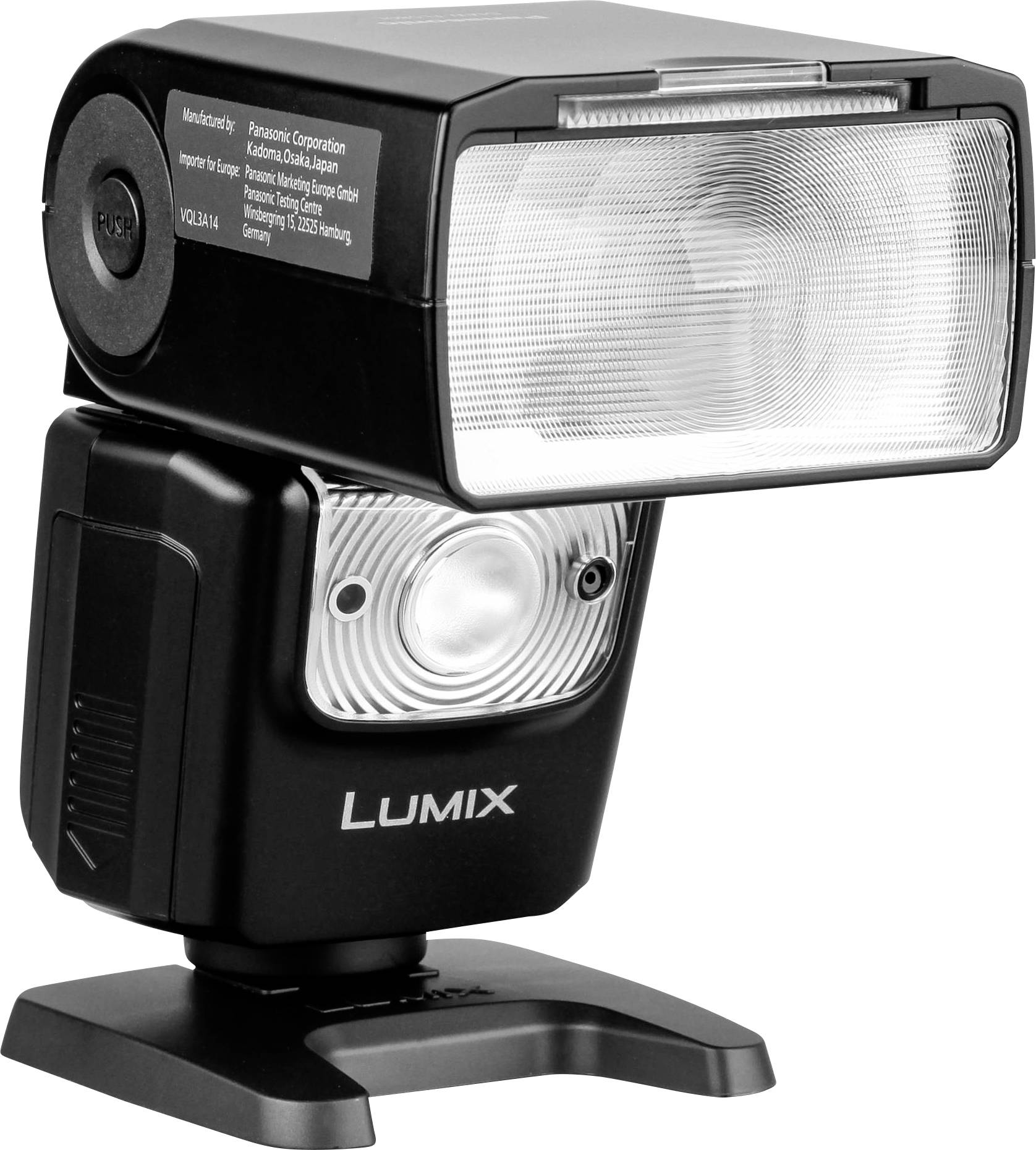 Ein externer Kamerablitz mit der Aufschrift 'LUMIX'. Der Blitz hat ein rechteckiges Design und ist auf einem Standfuß montiert.