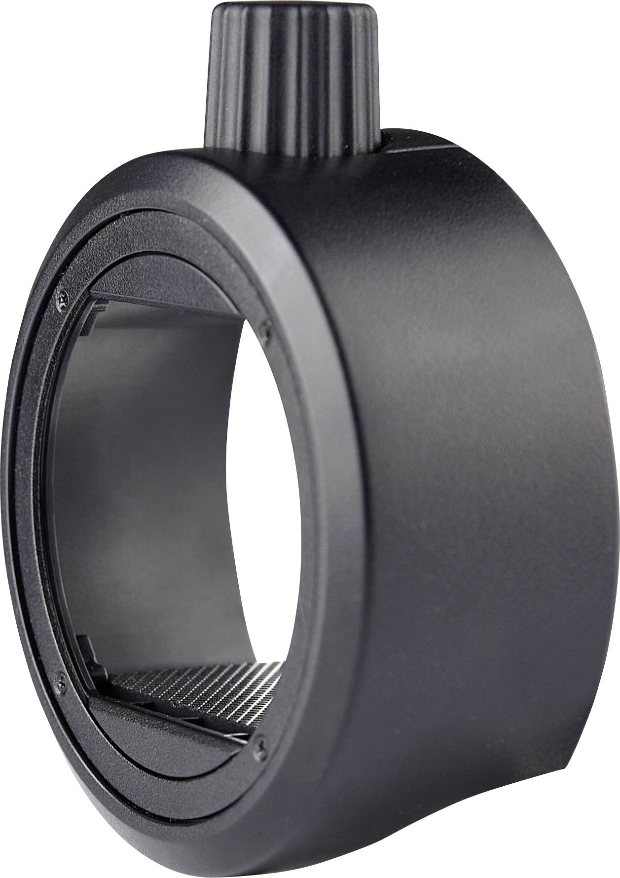 Ein schwarzer Adapterring mit geriffeltem Einstellrad, der vermutlich zur Verbindung von Kameraequipment verwendet wird.